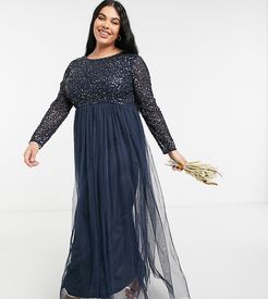 Bridesmaid long sleeve maxi tulle dress with tonal delicate sequins in navy