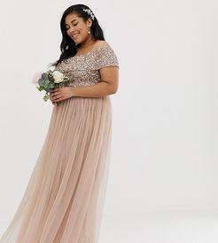 Bridesmaid off-shoulder maxi tulle dress with tonal delicate sequin in taupe blush-Brown