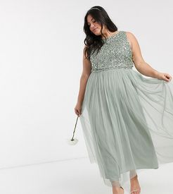 Bridesmaid sleeveless midaxi tulle dress with tonal delicate sequin overlay in sage green