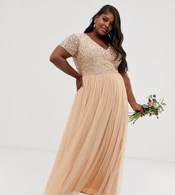 Bridesmaid V neck maxi dress with delicate sequin in soft peach-Pink