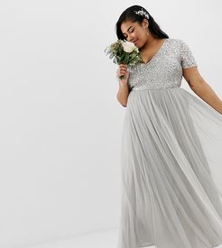 Bridesmaid v neck maxi tulle dress with tonal delicate sequins in silver-Gray