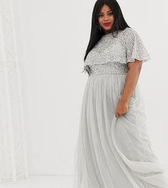 delicate embellished cape maxi dress in silver-Gray