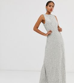 allover stripe embellished trophy maxi dress in silver-Gray