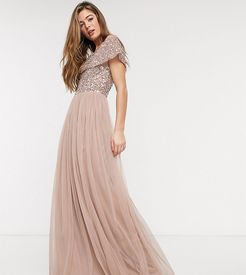 Bridesmaid bardot maxi tulle dress with tonal delicate sequins in taupe blush-Brown
