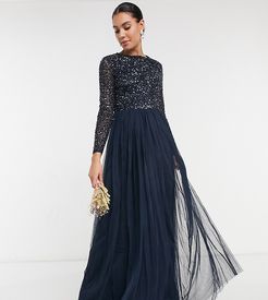 Bridesmaid long sleeve maxi tulle dress with tonal delicate sequins in navy