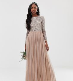 Bridesmaid long sleeve maxi tulle dress with tonal delicate sequins in taupe blush-Brown