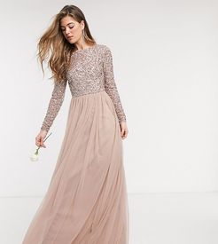 Bridesmaid long sleeve v back maxi tulle dress with tonal delicate sequin in taupe blush-Brown