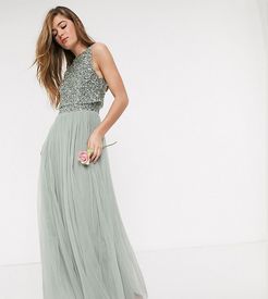 Bridesmaid sleeveless midaxi tulle dress with tonal delicate sequin overlay in sage green