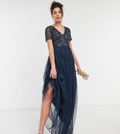 Bridesmaid V-neck maxi tulle dress with tonal delicate sequins in navy