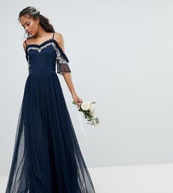 Cold Shoulder Sequin Detail Tulle Maxi Dress With Ruffle Detail-Navy