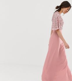 sequin top maxi dress with flutter sleeve detail in vintage rose-Pink