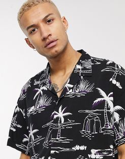 two-piece revere palm tree print shirt in black
