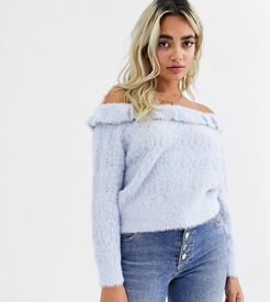 off the shoulder sweater with frills in light blue-Gray