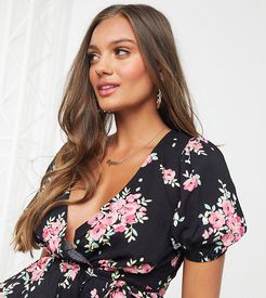 wrap blouse in black floral print