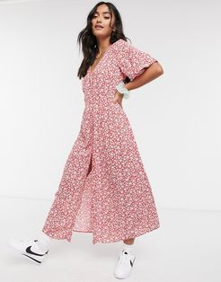 pintuck midi dress in red ditsy floral