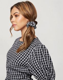 puff sleeve high neck blouse in black check