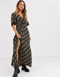 rouched midi dress in ditsy floral-Black