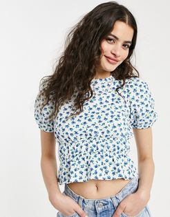 shirred waist top in ditsy floral-Multi
