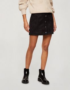 snap front suedette mini skirt in black