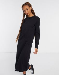 Charla organic cotton long sleeve ruched front midi dress in black