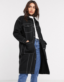 denim worker longline coat-Black