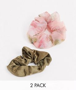 Kelly 2-pack satin & organza scrunchie in brown and print-Multi