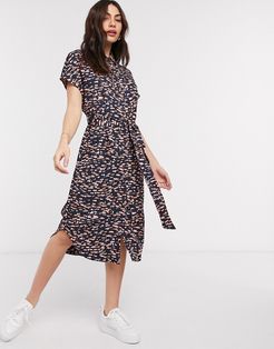 Lexi printed tie waist midi shirt dress in black and coral-Multi