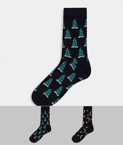 Polly 2-pack organic cotton Christmas tree and moon and star socks in black