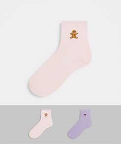 Polly 2 pack organic cotton embroidered socks in pink and lilac
