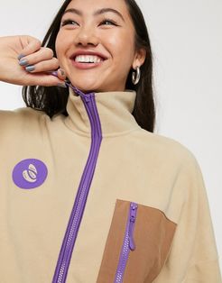 recycled polyester zip through fleece jacket in beige-Neutral