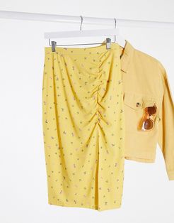 Vanessa floral print jersey midi skirt with split in yellow