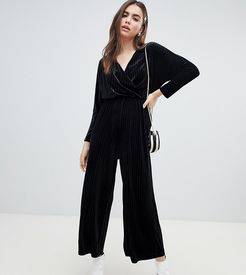 velvet wrap front jumpsuit in black stripe