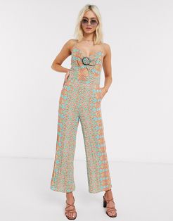 cut out strappy jumpsuit in check-Multi