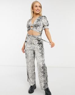 high waist belted flared pants in snake print-Brown