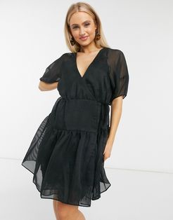 puff sleeve organza mini dress-Black
