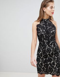 Allover Lace High Neck Mini Dress-Black