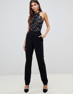 lace high neck tailored jumpsuit in black