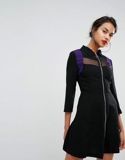 Mesh Panel Zip Front Dress-Black