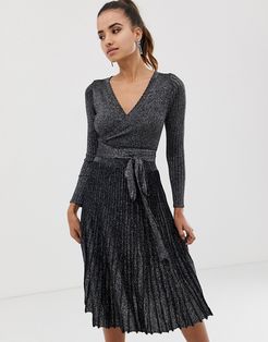 pleated wrap front midi dress in silver