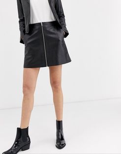zip front a-line leather skirt-Black