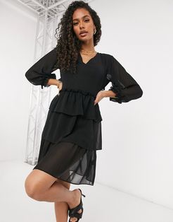 back detail flounce chiffon mini dress in black