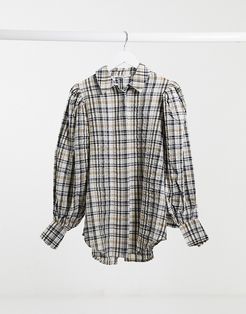 puff sleeve oversized plaid shirt in brown
