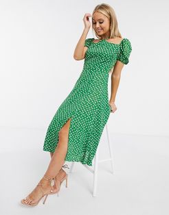 halterneck puff sleeve midi dress in green polka