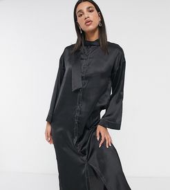 relaxed button up maxi dress in black high shine satin with contrast stitching