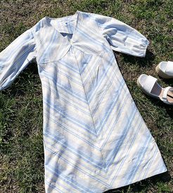relaxed mini dress with puff sleeves in soft stripe-White