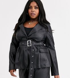 belted blazer in faux leather-Black
