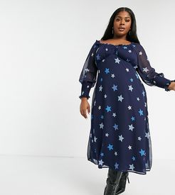 midi dress with sweetheart neckline in tonal star print-Navy