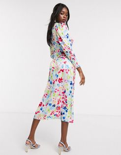 long shirred sleeve midi dress in contrast neon fleck print-Multi