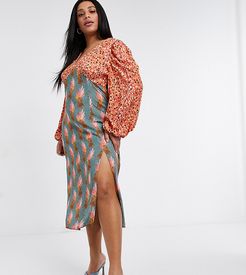 contrast midi dress with leg split in spot and sassy leopard-Multi