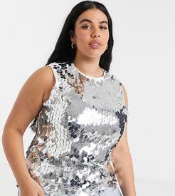 high neck sequin disc top in silver